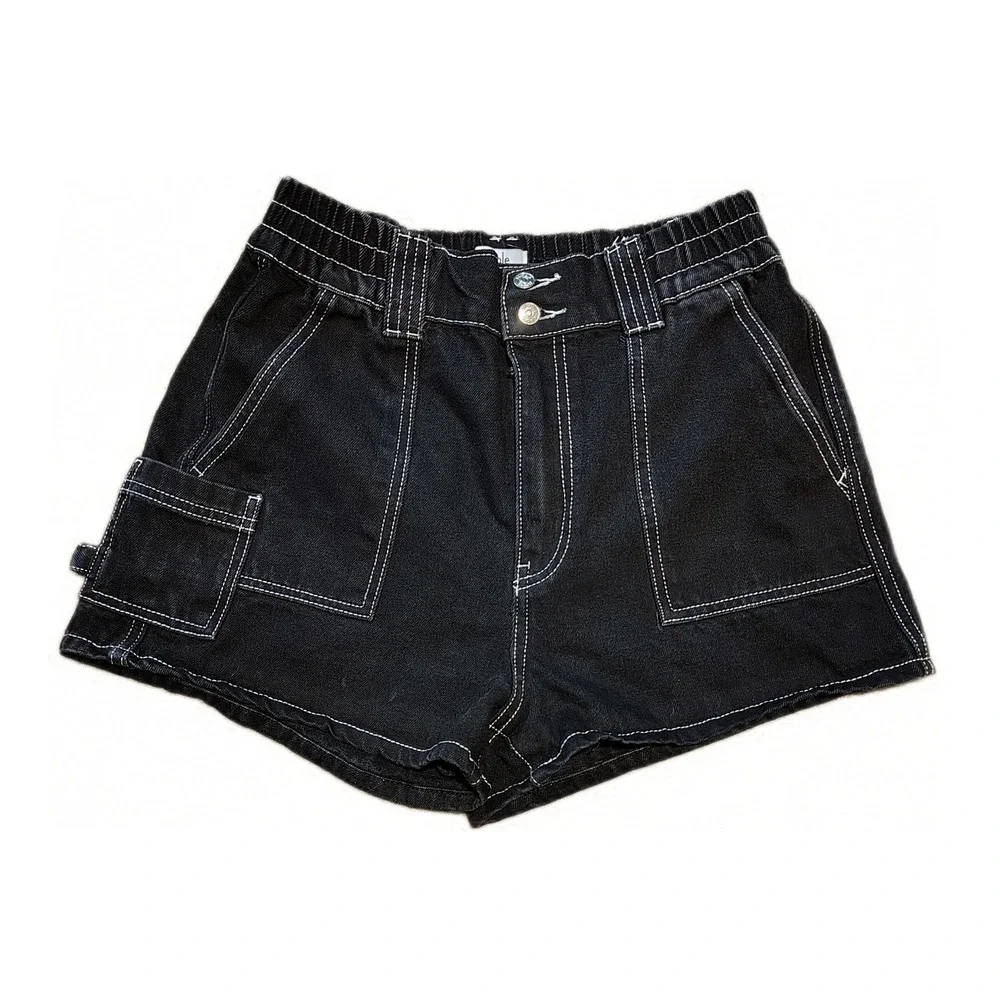 Womens Black Contrast Stitch High‎ Waist Denim Shorts 9/29 Skater Streetwear